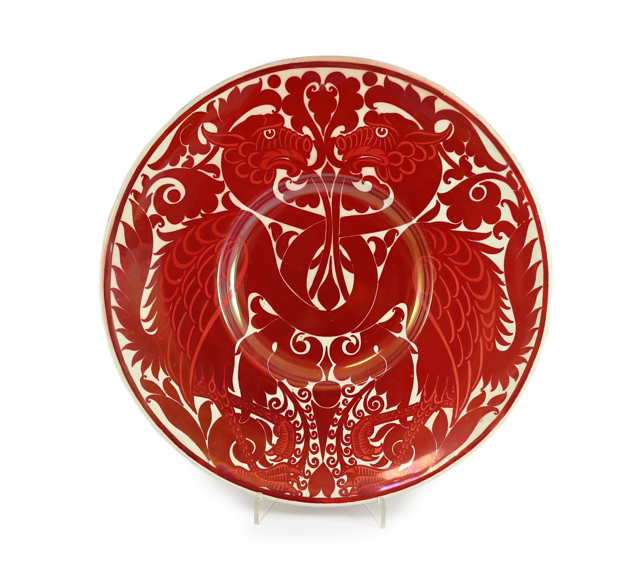 A rare William de Morgan ruby lustre dish, c.1880, 31.2cm diameter